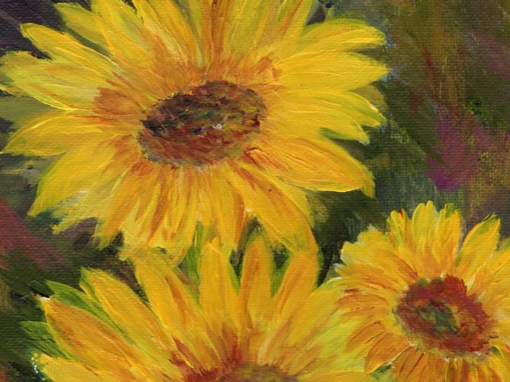 Sunflowers painting with bright yellow blooms and textured brushwork in a Van Gogh-inspired style