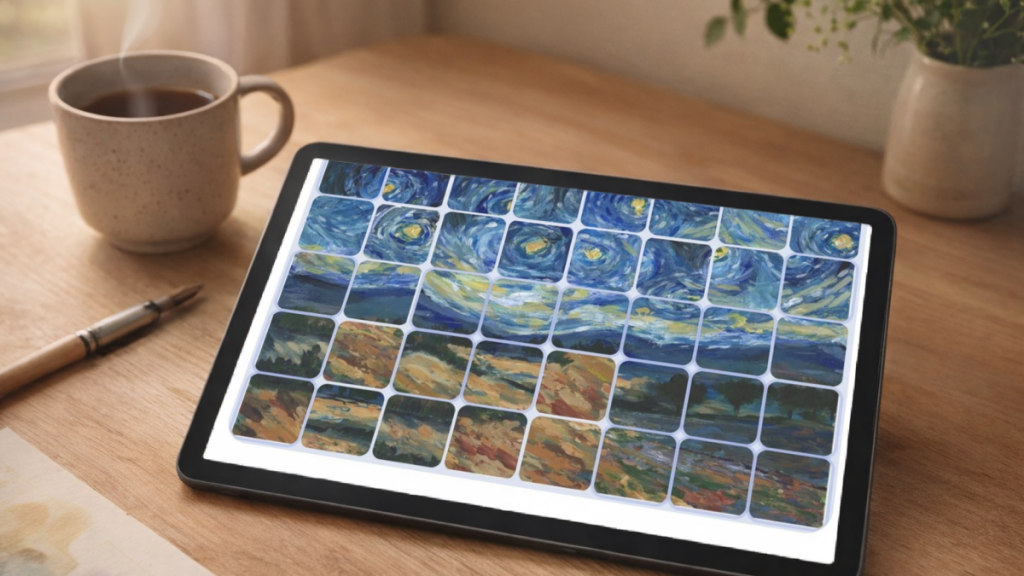 art puzzle of Night with Quiet Stars painting displayed on a tablet for a relaxing and mindful creative experience