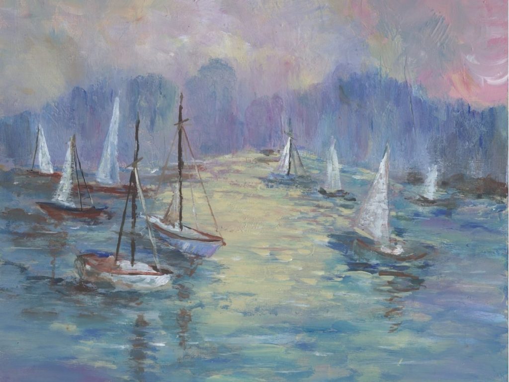 Impressionist sailboats on water painting thumbnail