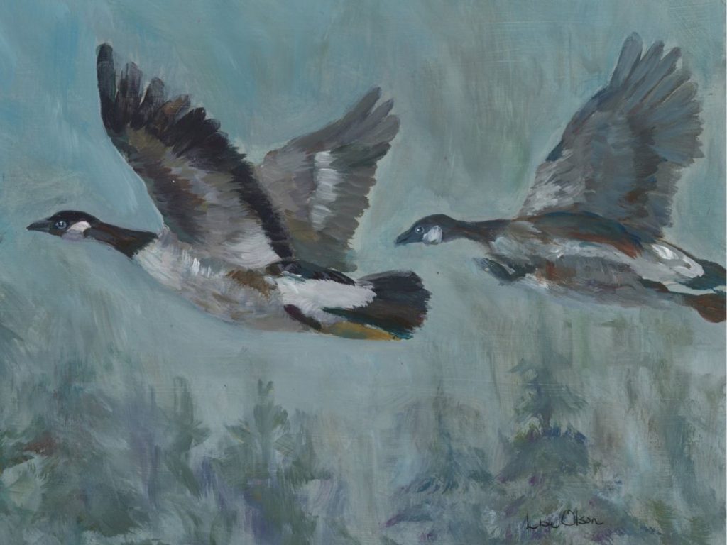 Geese flying in a soft misty sky painting thumbnail