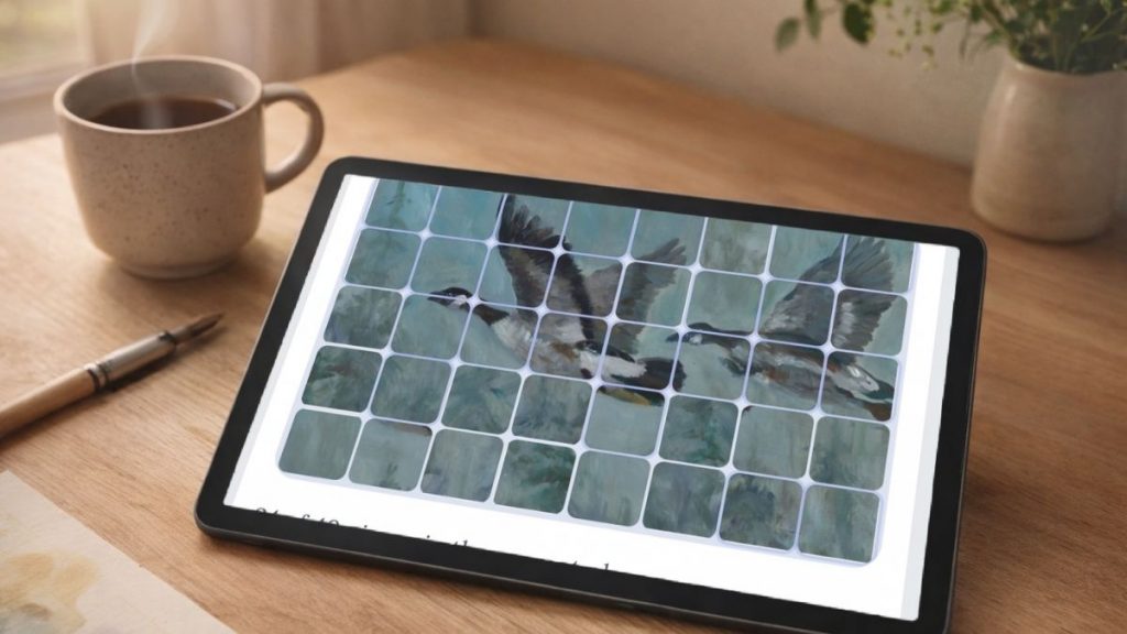 Tablet displaying a partially completed online art puzzle of a geese painting, surrounded by a calm, cozy workspace with tea and art supplies