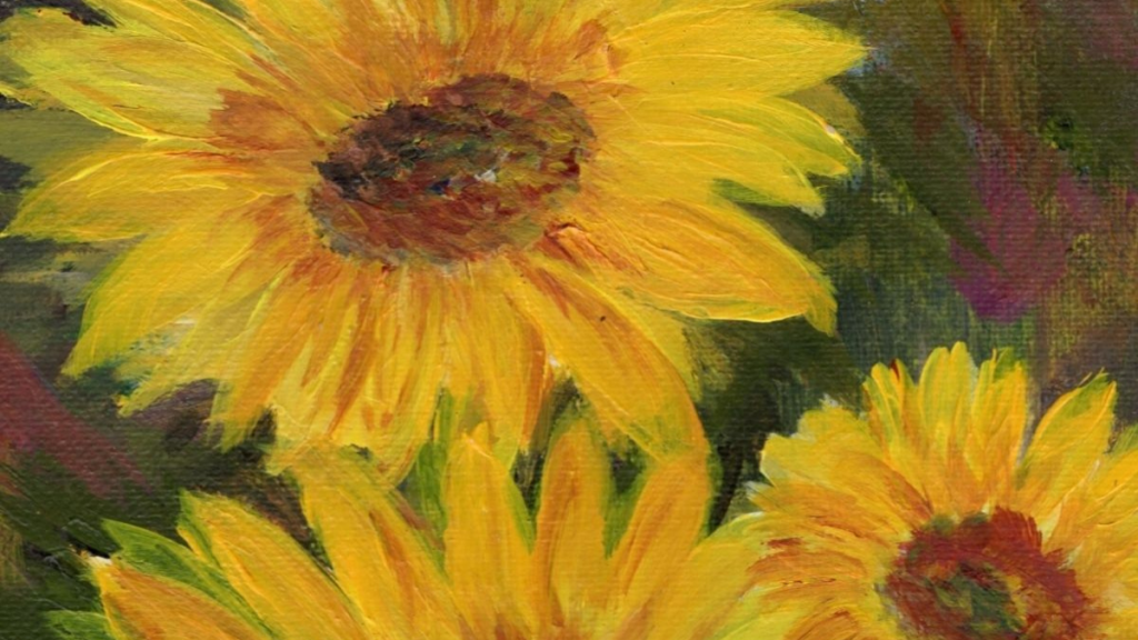 sunflowers acrylic painting with bold yellow petals and expressive brushstrokes in a vibrant floral composition