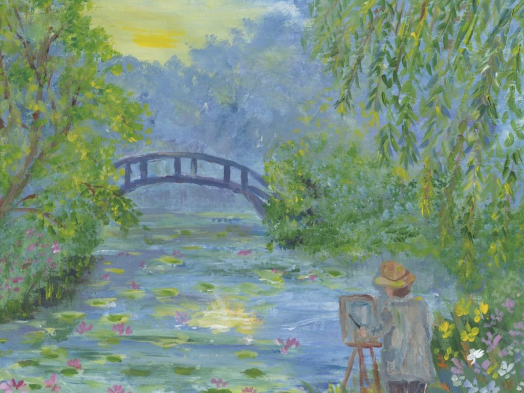 Impressionist style water garden painting inspired by Monet featuring a bridge, lily pads, and an artist painting beside the pond.