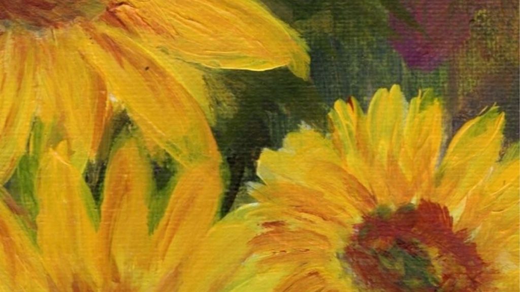 close-up sunflower painting showing expressive brushstrokes and color detail used to improve painting observation skills