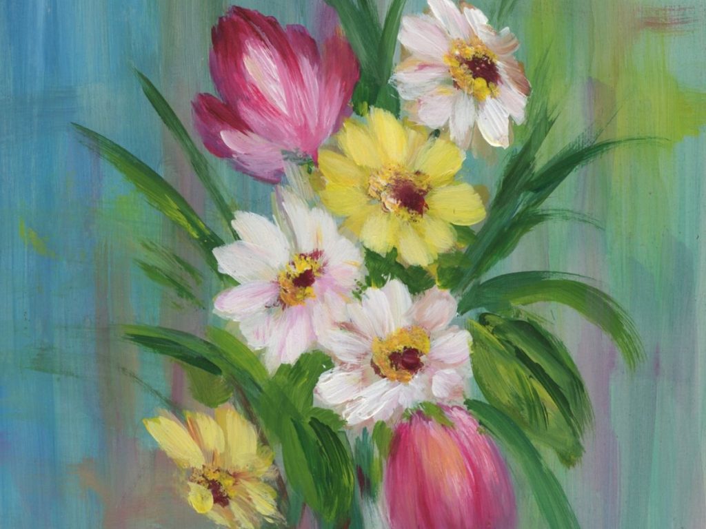 Colorful tulip bouquet painting with pink, white, and yellow flowers against a soft abstract background.