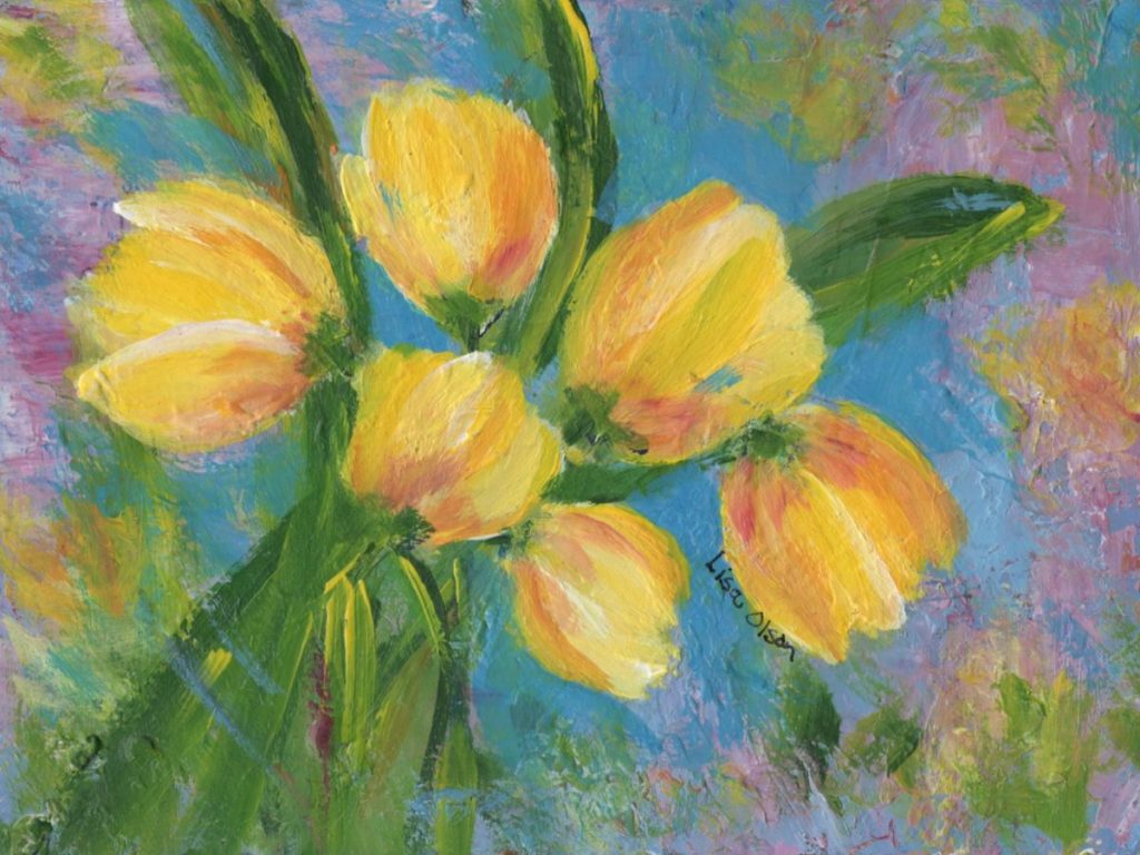 Yellow tulip floral painting with expressive brushstrokes and soft pastel background by Small Town Artist.
