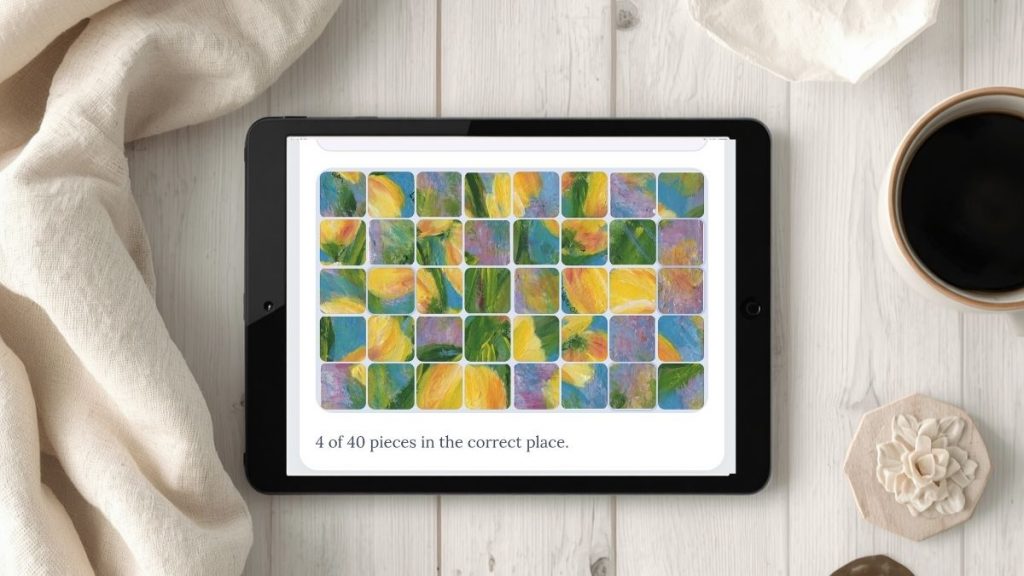 Digital art puzzles for relaxation displayed on a tablet