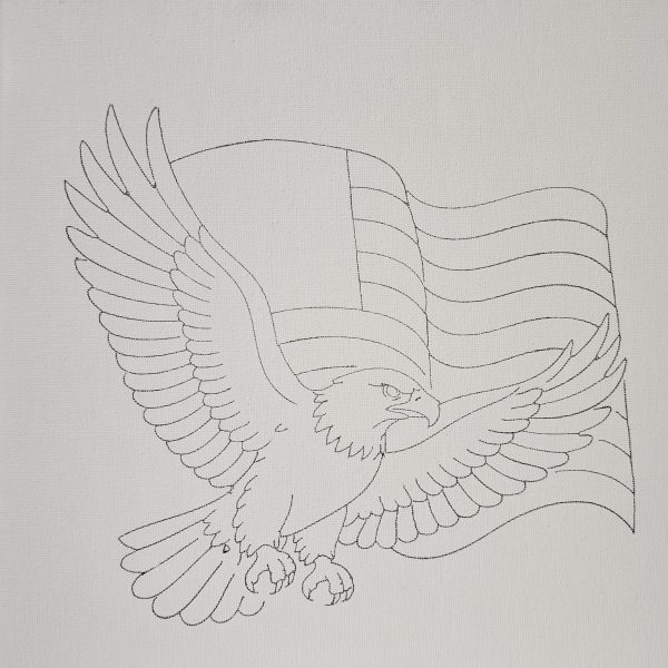 Front view of the Creative You 10 x 10 inch patriotic American Eagle flying in front of the American Flag canvas painting kit for beginner and creative artists.