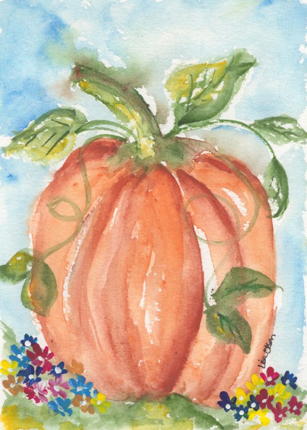 Watercolor fall pumpkin with green vines and colorful flowers, featured in the Fall Pumpkin Mixed Media Painting Workshop.